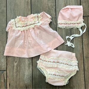 Vintage Alexis Pink Ruffled Lace Newborn Baby Dress with Bloomers & Bonnet